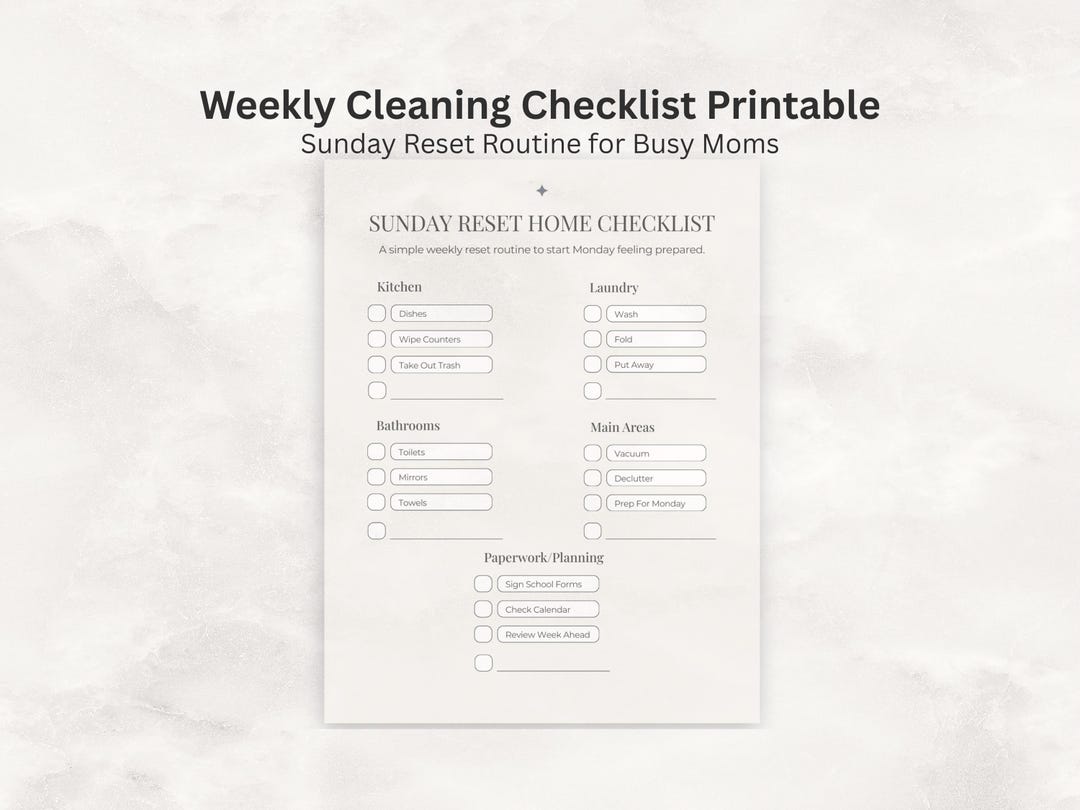 Weekly Cleaning Checklist Printable, Sunday Reset Routine for Moms ...