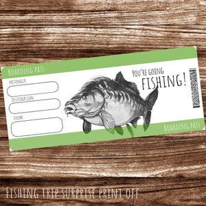 Ticket regalo para viaje sorpresa de pesca de carpas imprimible. Tarjeta de embarque. Boleto de pesca - Descarga instantánea