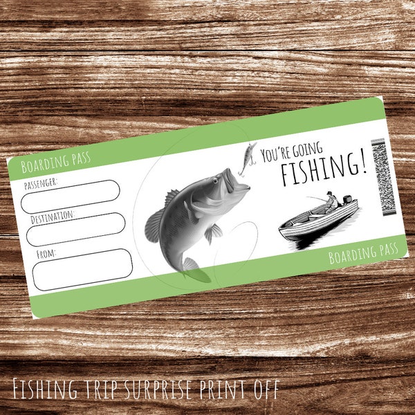 Printable Bass Fishing Surprise Trip Gift Ticket. Boarding Pass Ticket. Fishing Vacation. Instant Download