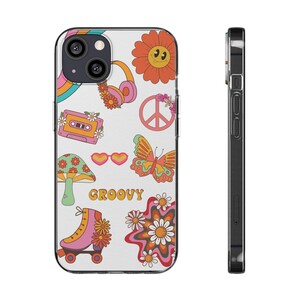 Groovy Clear Silicone Phone Case, Vintage Floral Phone Cover, Cute Flower Phone Case, Hippie Aesthetic Accessory, Retro Phone Case