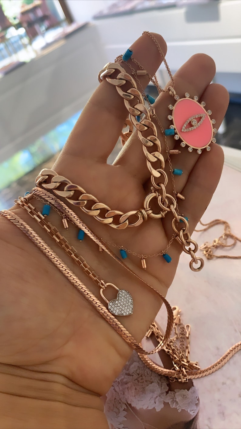 925 Solid Sterling Silver Dainty Necklace Rose Gold Vermeil CZ Gemstone Pink Enamel Evil Eye Pendant Necklace Eye Charm Necklace