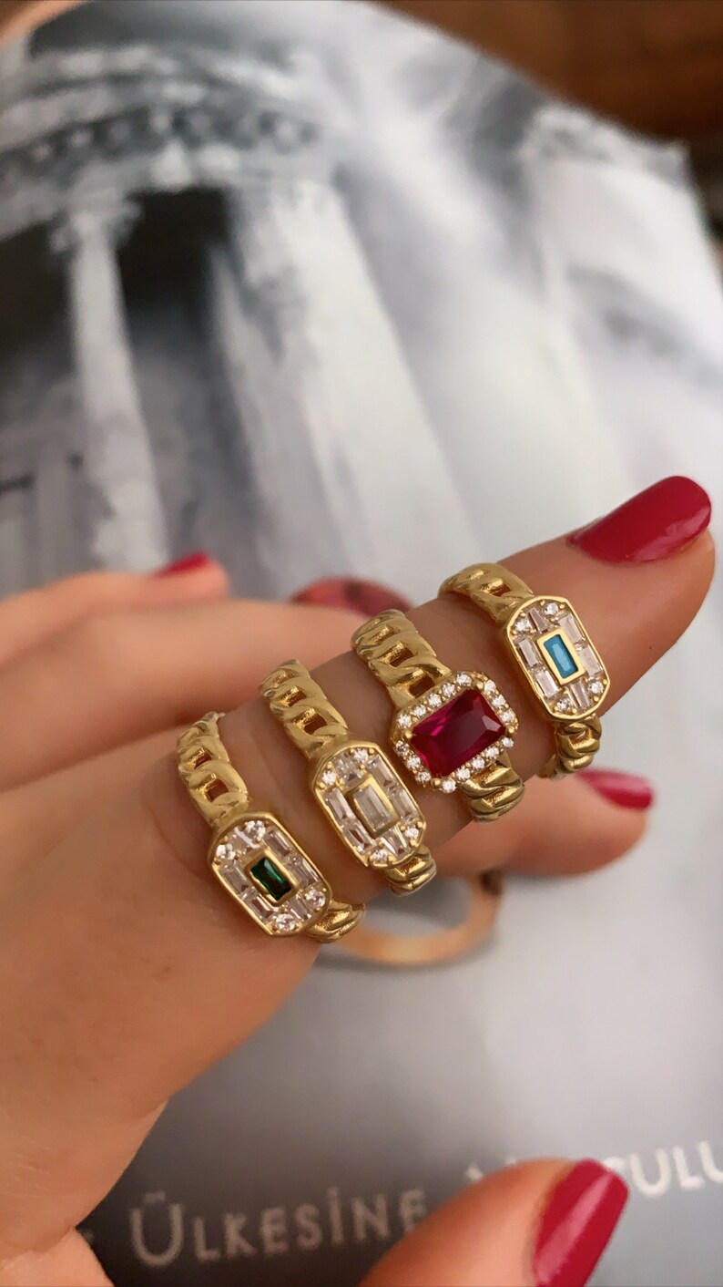 14K Gold Vermeil Dainty Ring Turquoise Gemstone Ring Gift for her Adjustable Ring Baguette Curb Chain Ring 925 Solid Sterling Silver