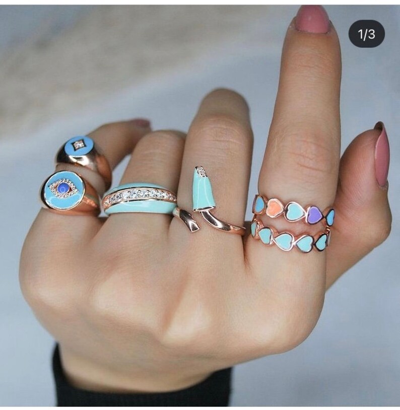 Rose Gold Vermeil Dainty Ring Colorful Enamel Heart Ring Pastel Enamel Ring Gift for her 925 Silver Heart Ring Heart Band Ring