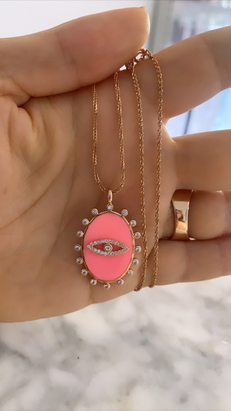 925 Solid Sterling Silver Dainty Necklace Rose Gold Vermeil CZ Gemstone Pink Enamel Evil Eye Pendant Necklace Eye Charm Necklace