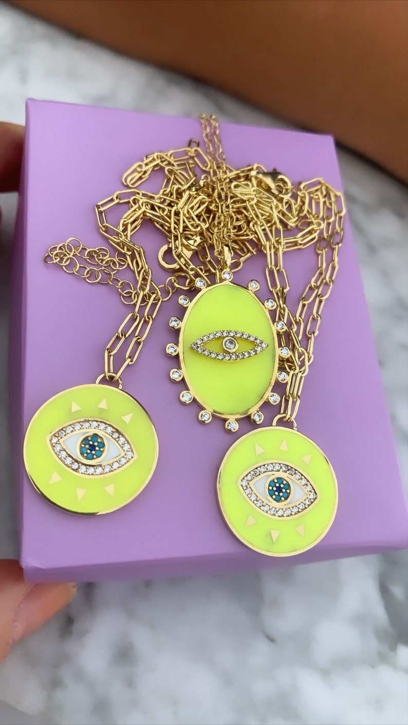 925 Solid Sterling Silver Dainty Necklace Rose Gold Vermeil CZ Gemstone Pink Enamel Evil Eye Pendant Necklace Eye Charm Necklace