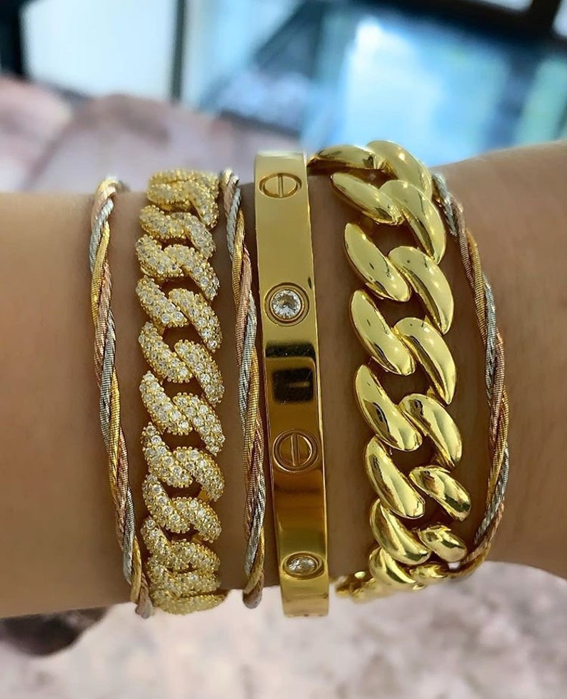 Gift for Her 925 Solid Sterling Silver Cuban Chain Cubic Zirconia Gemstone 14K Gold Vermeil Cuban Chain Bracelet Curb Chain Link Bracelet