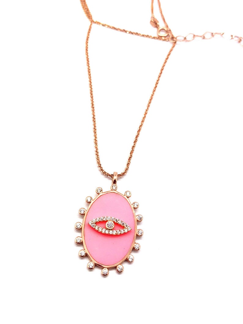 925 Solid Sterling Silver Dainty Necklace Rose Gold Vermeil CZ Gemstone Pink Enamel Evil Eye Pendant Necklace Eye Charm Necklace
