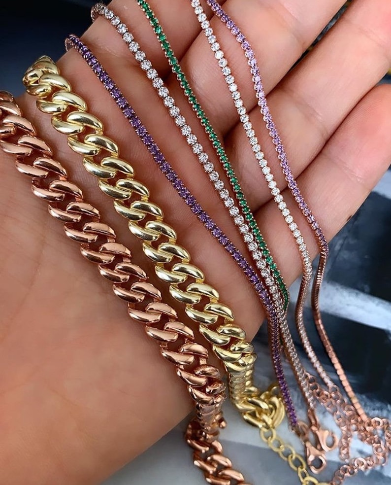 Gift for Her 925 Solid Sterling Silver Cuban Chain Cubic Zirconia Gemstone 14K Gold Vermeil Cuban Chain Bracelet Curb Chain Link Bracelet