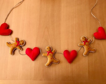 Handmade Felt Gingerbread Man and Red Heart Christmas Garland