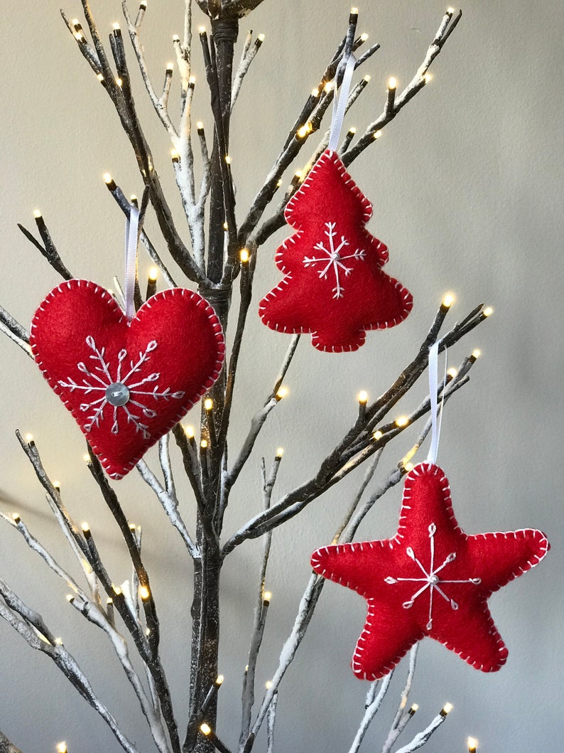 Handmade Set of 3 Scandinavian Style Felt Christmas Decorations Red and white