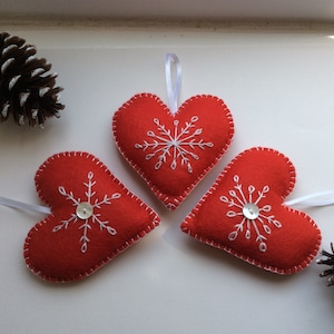 Handmade Felt Embroidered Heart Christmas Decorations in various colours (set of 3)