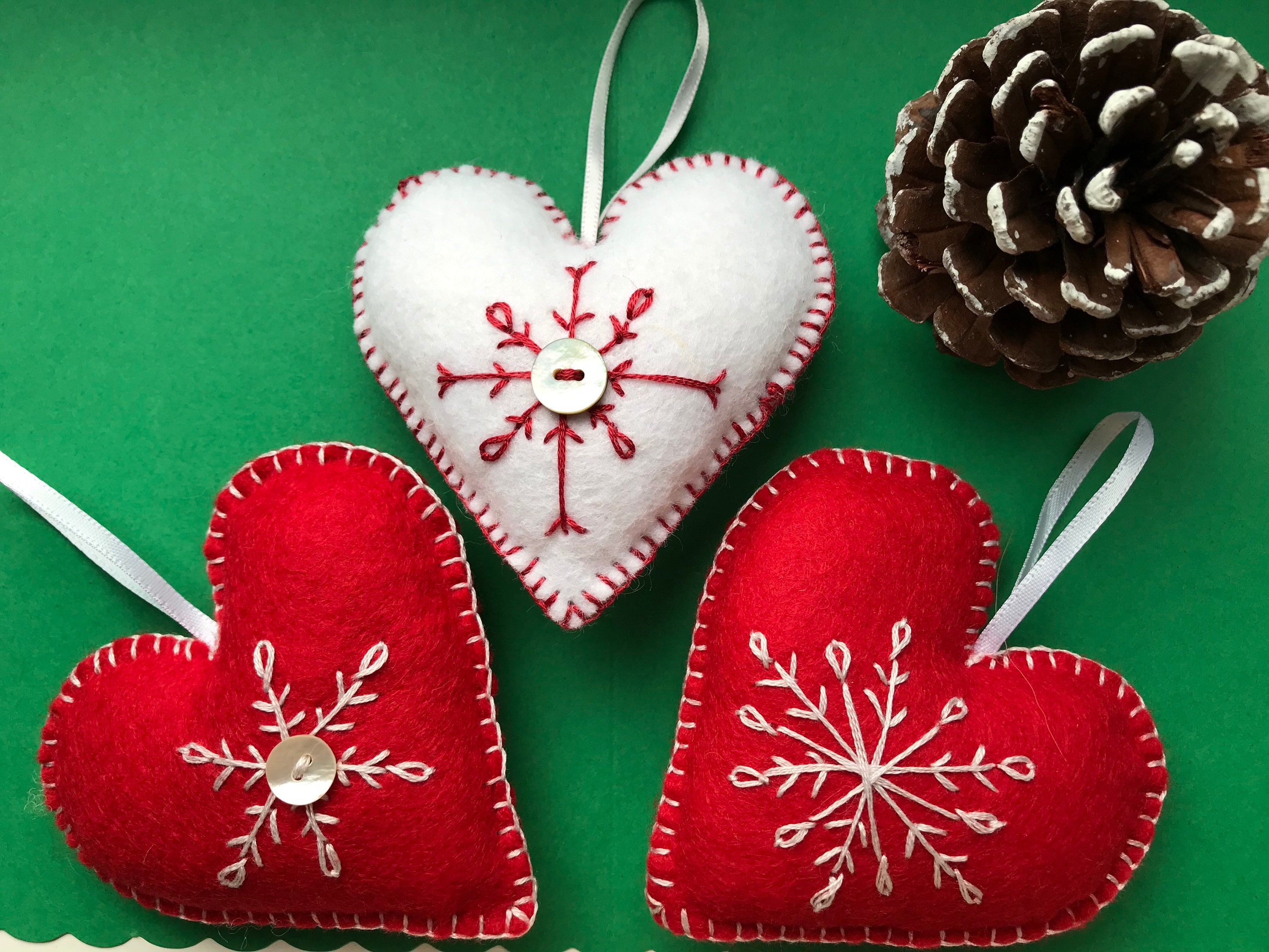 Handmade Felt Embroidered Heart Christmas Decorations in Various ...