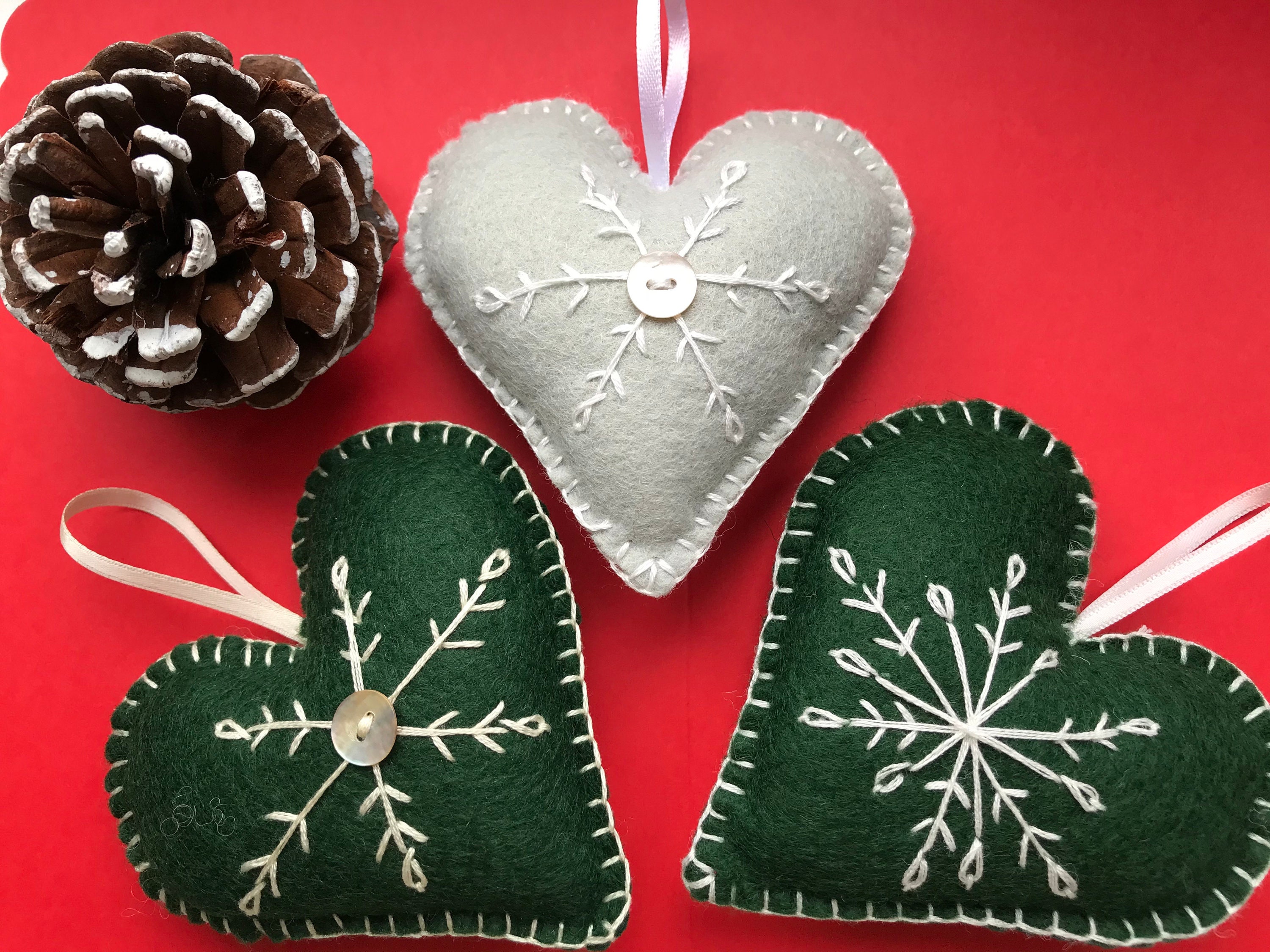 Handmade Felt Embroidered Heart Christmas Decorations in Various ...