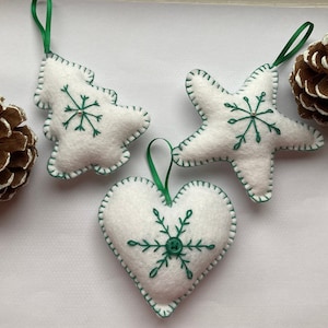 Handmade Set of 3 Scandinavian Style Felt Christmas Decorations White and green