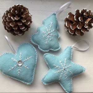 Handmade Set of 3 Scandinavian Style Felt Christmas Decorations Blue and white