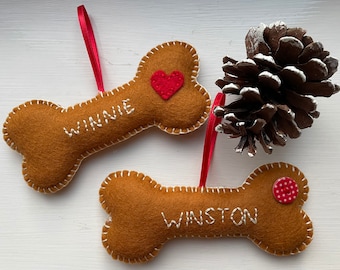 Personalised Handmade Felt Dog Bone Christmas Tree Decoration