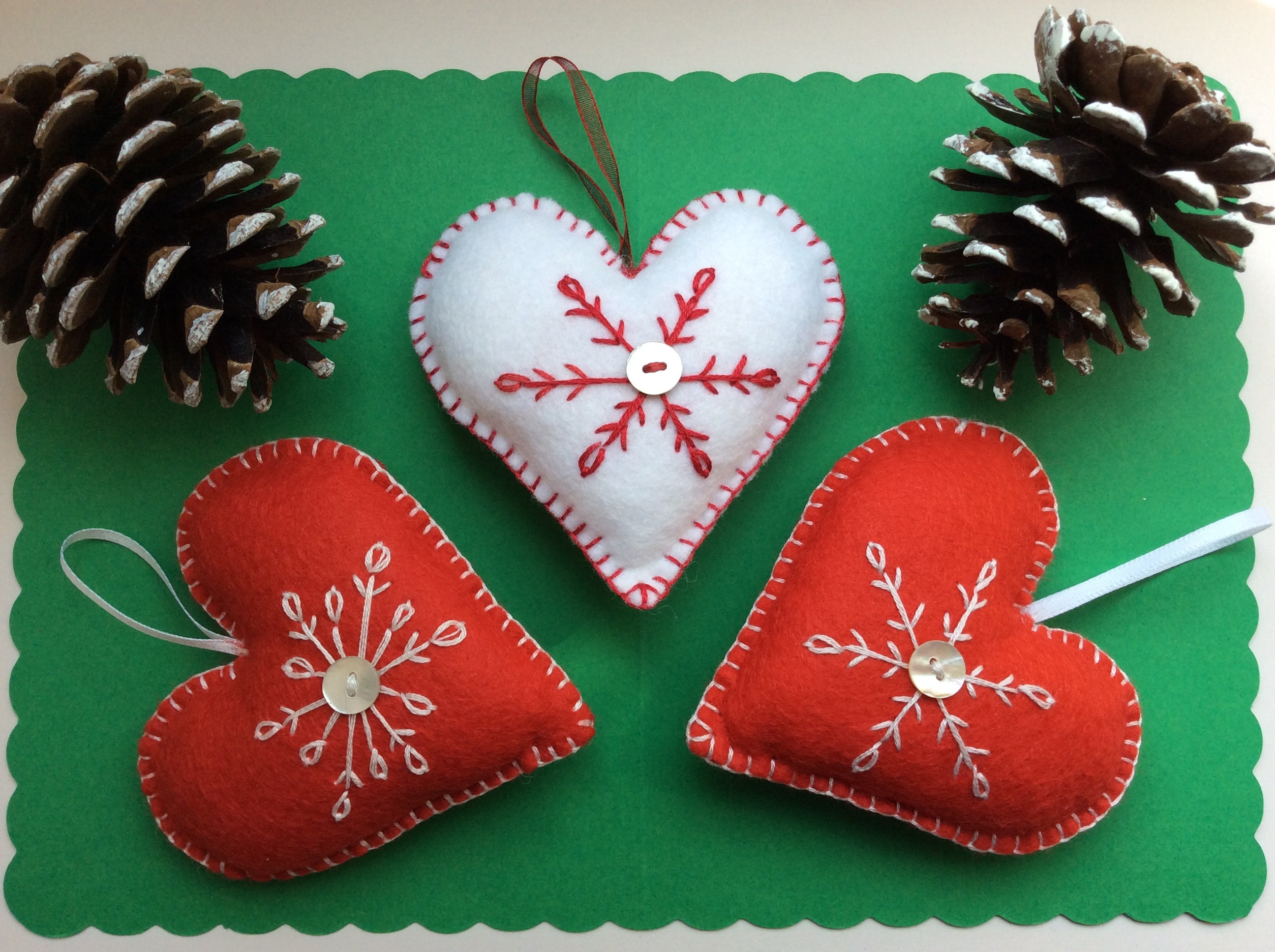 Handmade Felt Embroidered Heart Christmas Decorations in Various ...