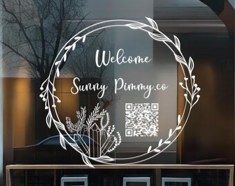 Personalized Crystal Floral Wreath Front door window decal, business name logo signage, Custom lettering vinyl sticker, Open hours display
