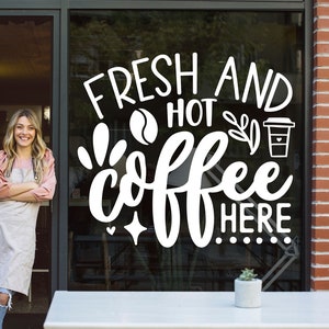 Get Noticed with Our &quot;Fresh and Hot Coffee Here&quot; Vinyl Window Decal - Ideal for Your Coffee Business! Elegant Coffee Shop Wall Decal