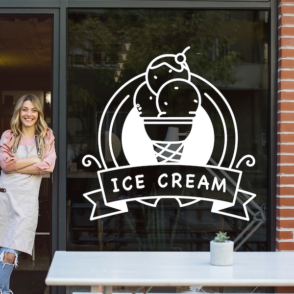 Sweet ice-cream logo vinyl outdoor decal design for cafe window and wall, Dessert shop decor and window display signage, gelato sticker