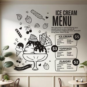 Personalisierter großer Eiscreme-Menü-Aufkleber für Gelato-Schaufenster-Wandanzeige, kommerzielle Vinylbeschilderung verschiedene Größe und Farbaufkleber