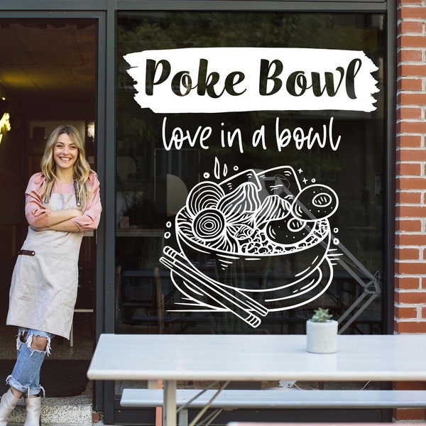 Poke Salad bowl window decal sticker for restaurant wall and front store display, Business branding promotion vinyl decal, Hawaii poke decal