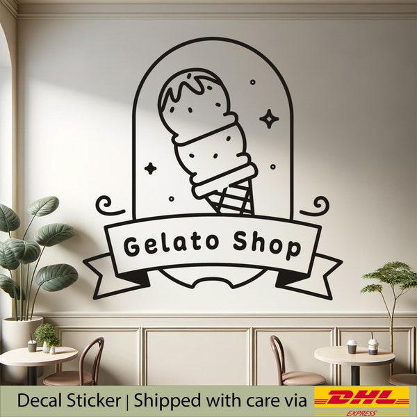 Gelato ice-cream logo vinyl decal design for cafe window and wall, Dessert shop decor and window display signage, gelato shop sticker