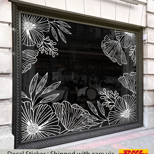 flower outline decals, flower decal for shop window display, window decoration, floral monogram window frame