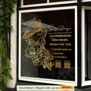 Beautiful hair salon decal for storefront decor, custom business logo vinyl sticker for retail shop, wall display, and QR code signage