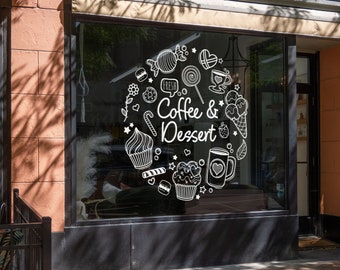 Doodle Style Coffee and Dessert Window Decal | Bakery Cafe Wall Sticker | Pastry Shop Glass Door Sign | Custom Business Logo Shop Decoration