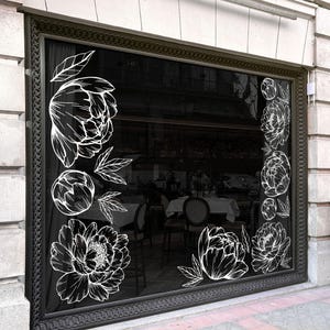 Large peony flower decal for shop window and wall decoration, Whole set or single piece flower decals, Flower outline vinyl sticker