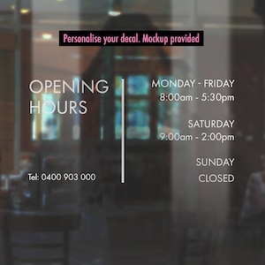 Calcomanías de horario de apertura en la ventana de la puerta, calcomanías de señalización de horario de funcionamiento comercial personalizadas, calcomanías de logotipos comerciales personalizados