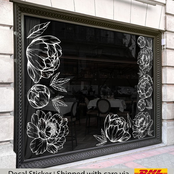 Large peony flower decal for shop window and wall decoration, Whole set or single piece flower decals, Flower outline vinyl sticker