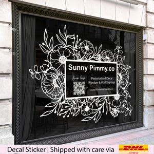 Floral Frame Decal with QR Code, Business Name Vinyl Sticker for Storefront Window or Interior Wall Stylish Botanical Advertising Display