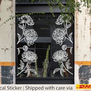 Pfingstrose Blumen-Fensteraufkleber-Set, Floral Line Art Vinyl für Schaufenster, Wand oder Wohnkultur, Abnehmbarer Aufkleber in benutzerdefinierter Größe
