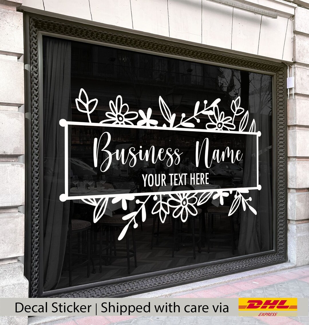 Modern Floral Border Business Decal Custom Name & Text Vinyl Sticker ...