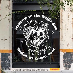 May include: White decal sticker with a waffle cone filled with ice cream, chocolate, and candy. The text reads "Welcome to the Waffle Side. Waffles. Ice Cream. Done."