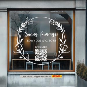May include: White decal sticker with a floral wreath design. The text "Sunny Pimmy.co" is inside the wreath. Below the wreath is the text "SEND YOUR INFO. TO US" and "SCAN HERE" with a QR code.