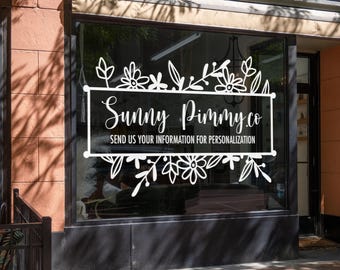 パーソナライズされたビジネス名とロゴのウィンドウデカール | モダンな花柄の看板、店舗用ステッカー | 植物柄のウェルカムサイン（ビニール製）