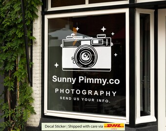 Vinilo adhesivo con el logotipo de un estudio fotográfico para escaparates y paredes. Letrero de vinilo adhesivo con texto personalizado para exposición comercial.