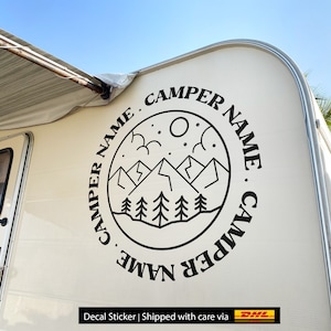 Custom Camper Name Decal Sticker – Personalized RV Vinyl Graphic – Mountain and Trees Design for Motorhome Trailer, Personalized Name Decal