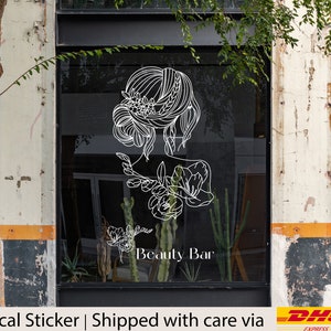 Elegant floral line art lady hair vinyl decal for beauty bars & salons, business logo for storefront windows, wall display, QR code signage
