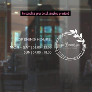 Calcomanía con logotipo comercial personalizado para puerta de escaparate, pegatina con horario de apertura comercial, calcomanías personalizadas para ventanas