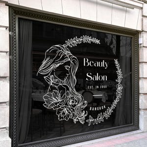 Feminine Floral Wreath Hair Beauty Salon Lash Bar or Boutique Vinyl Decal, Customizable Text QR Code Storefront Business Logo