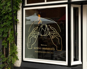 Lotus Flower Business Window Decal - Personalised Lettering Storefront Decoration | Commercial Glass Door Branding Sticker