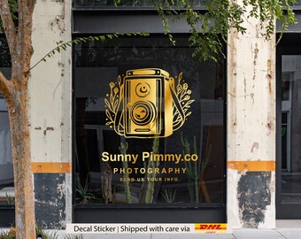 Calcomanía con el logotipo de un estudio fotográfico, dibujada a mano, para escaparates y paredes. Rótulos de vinilo adhesivo con texto personalizado para negocios.