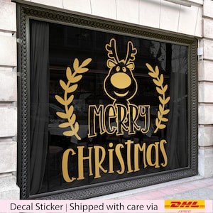 Merry Christmas reindeer window decoration sticker, Large vinyl decals holiday season business promotion, Home window sticker decor