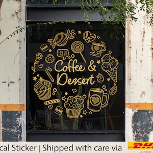 Doodle style coffee and dessert vinyl sticker decal for wall and window decor in front store and cafe, large vinyl pastry signage for store