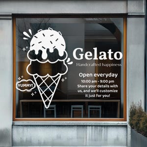 窓の壁ディスプレイ用のカスタムアイスクリームジェラートビジネスロゴデカール、サイズと色をカスタマイズ、カフェの装飾用ビニール粘着剤
