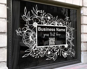 Floral Frame Decal with QR Code, Business Name Vinyl Sticker for Storefront Window or Interior Wall Stylish Botanical Advertising Display